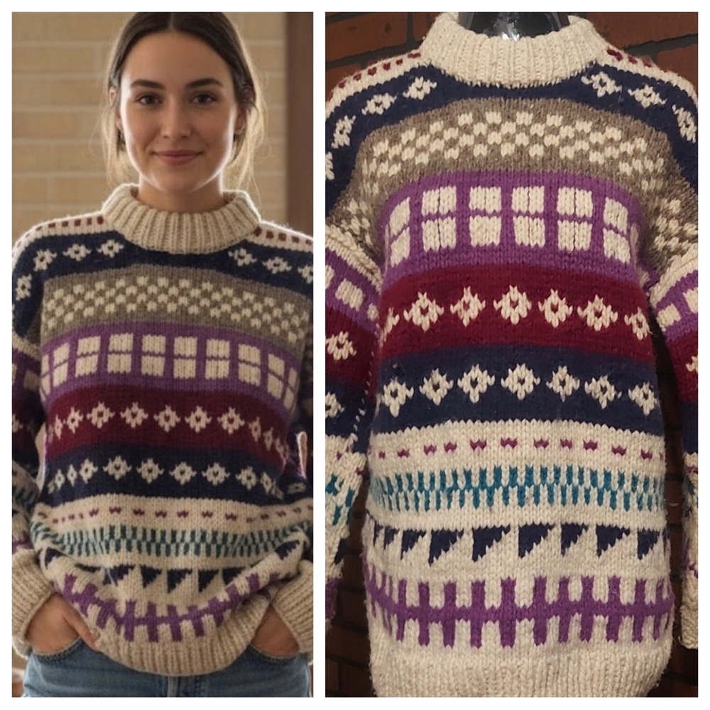 Cottagecore Grandpa Sweater Geometric Print Vintage Chunky Knit